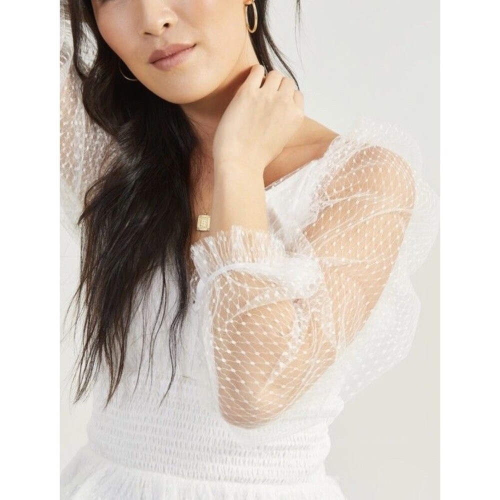 Altar’d State White Lace Sheer Smocked V-Neck Puff Sleeve Top Tulle XL